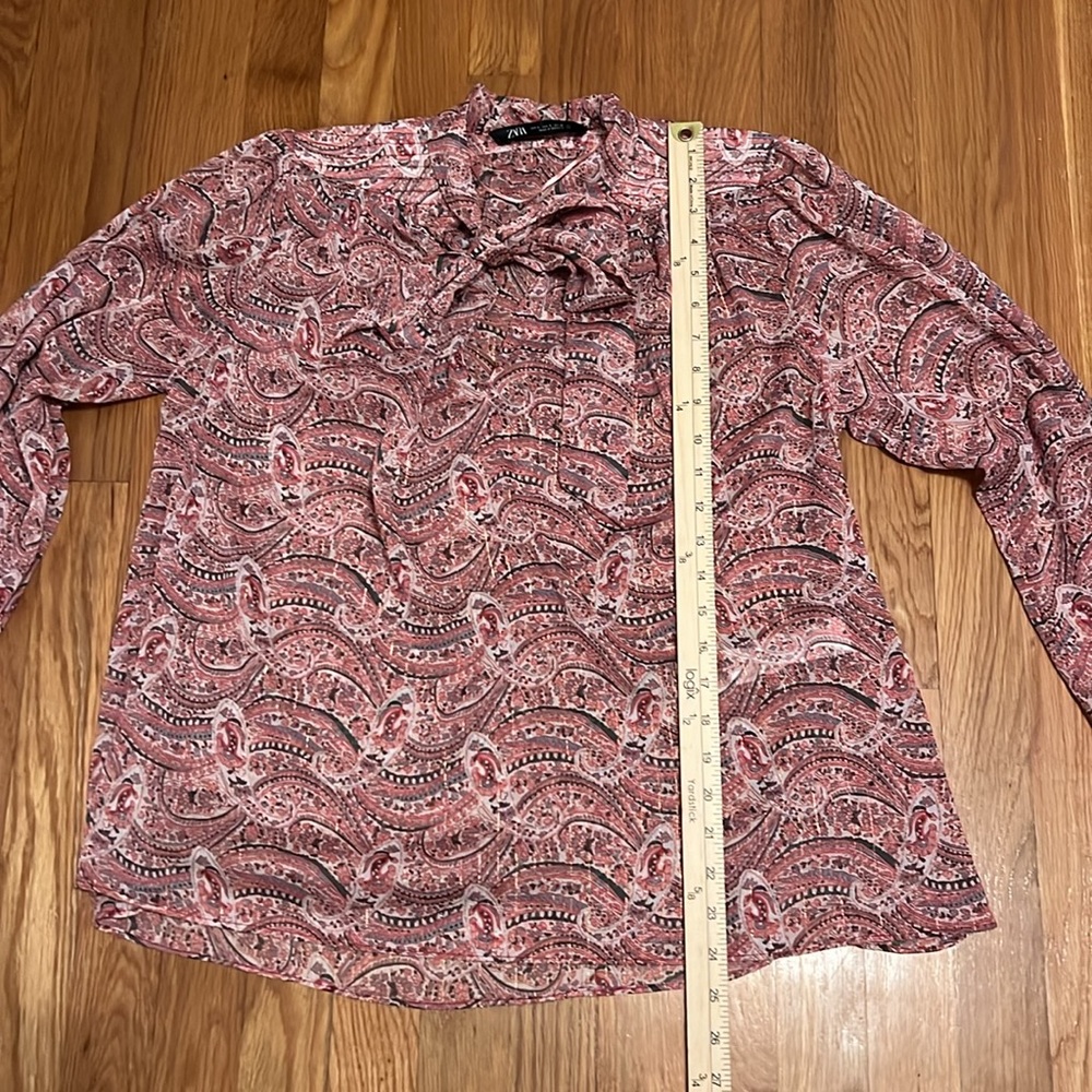 Zara Women's Blouse Pink Multicolor Paisley V-Neck Tie Long Sleeve Shirt Top S - Picture 8 of 12